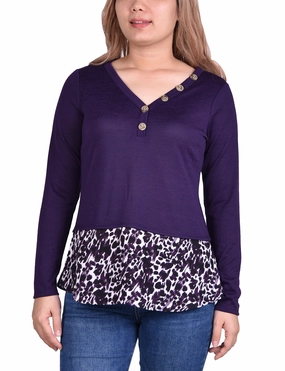 Hacci Top With Printed Hem Inset Wrinkle Resistant Treatment Stretch Knit Fabric