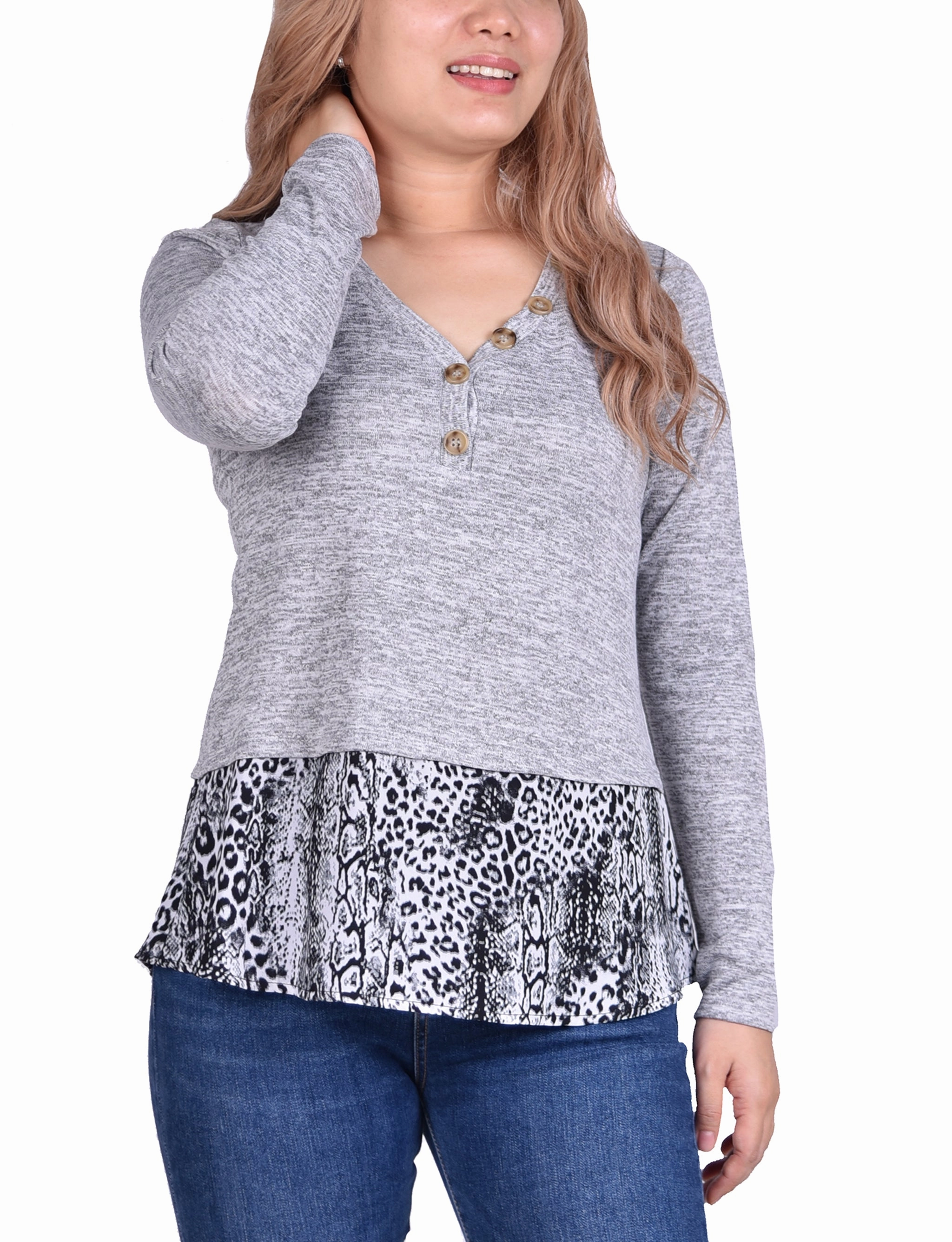 Hacci Top With Printed Hem Inset ReflectiveAccents Wrinkle Resistant