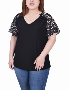 LightReflectiveTrim Non Irritating Seams Plus Size Combo Chiffon-Sleeve V Neck Top