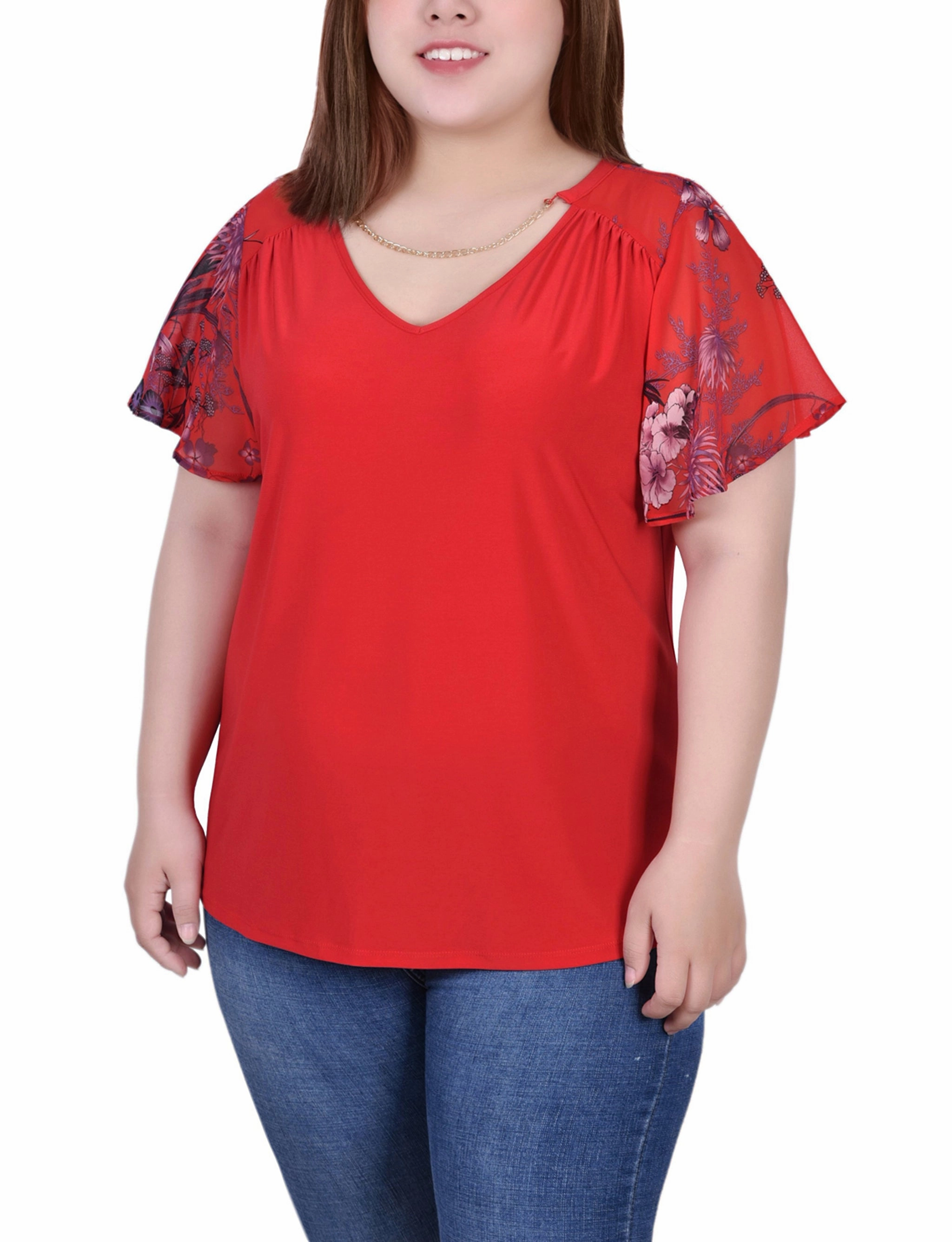 RibbedTexture HypoallergenicMaterial Plus Size Combo Chiffon-Sleeve V Neck Top