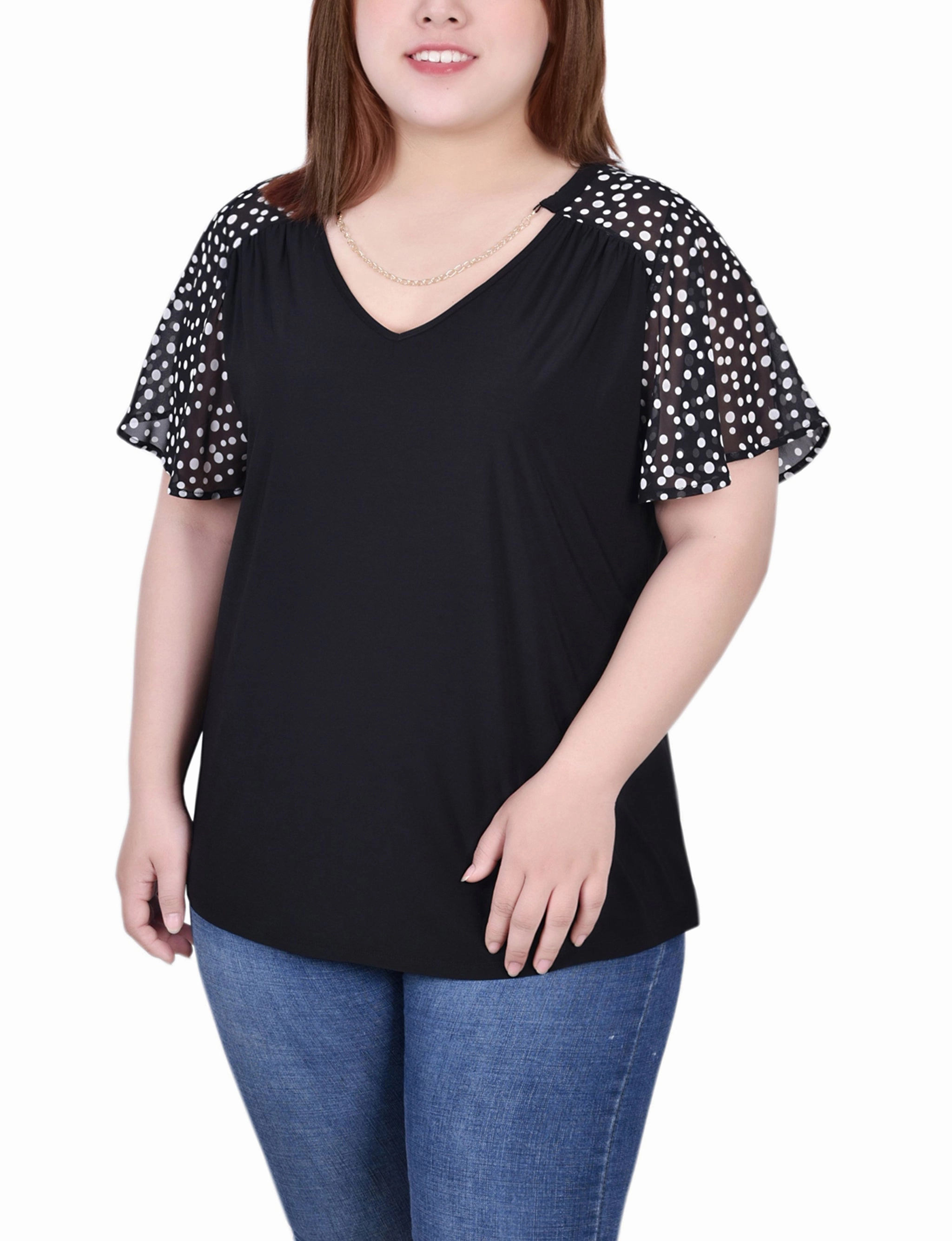 LightReflectiveTrim Non Irritating Seams Plus Size Combo Chiffon-Sleeve V Neck Top