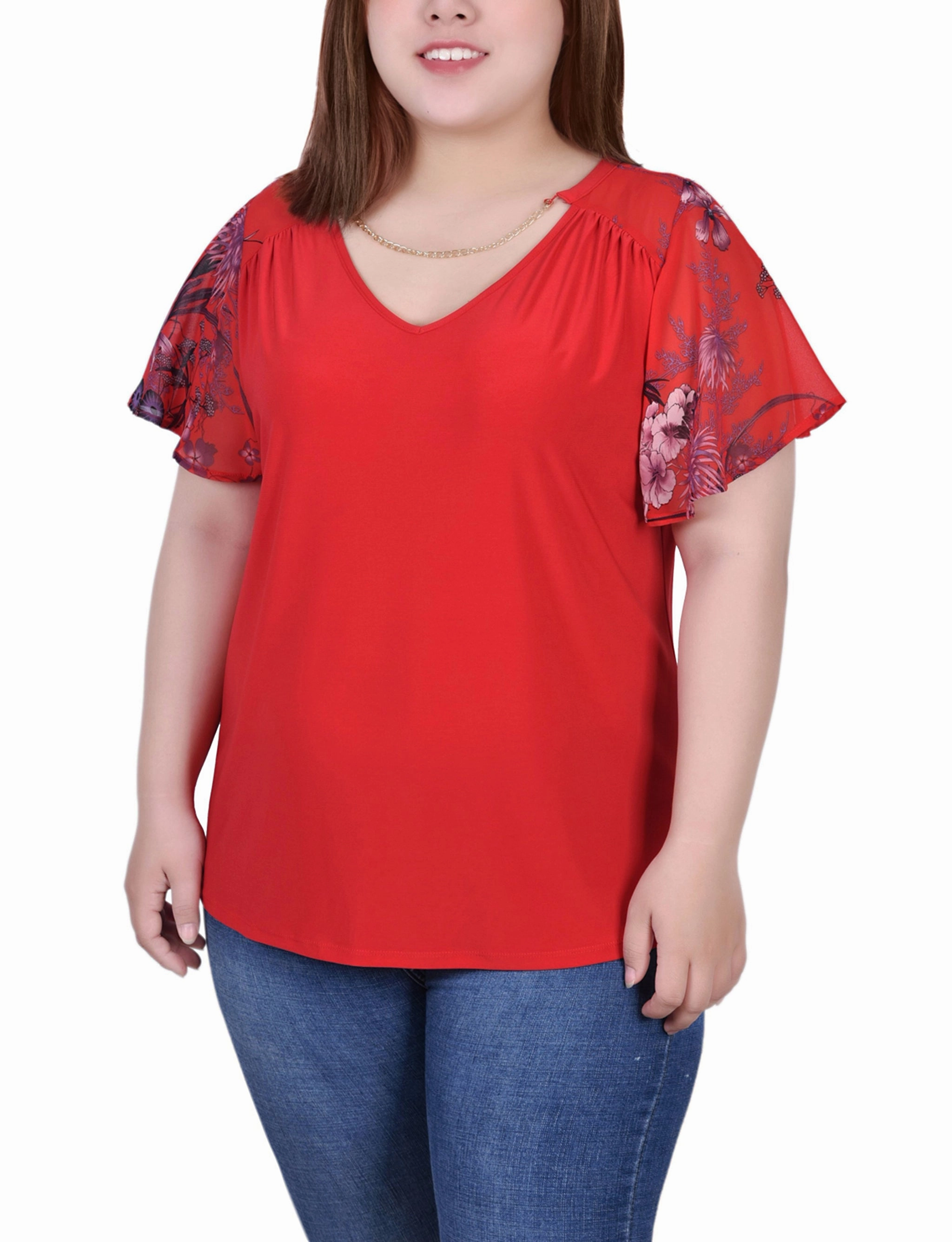 Eco Friendly Blend Flexible Ribbing Plus Size Combo Chiffon-Sleeve V Neck Top