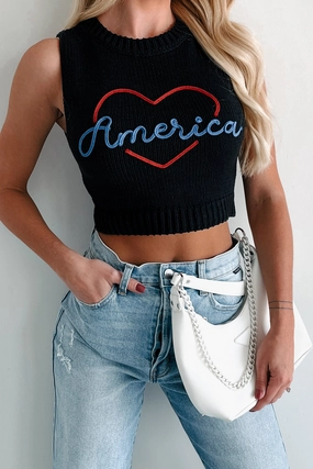 Love My Country Sweater Knit Tank Top (Black) Elasticated Hem Sleeveless Top