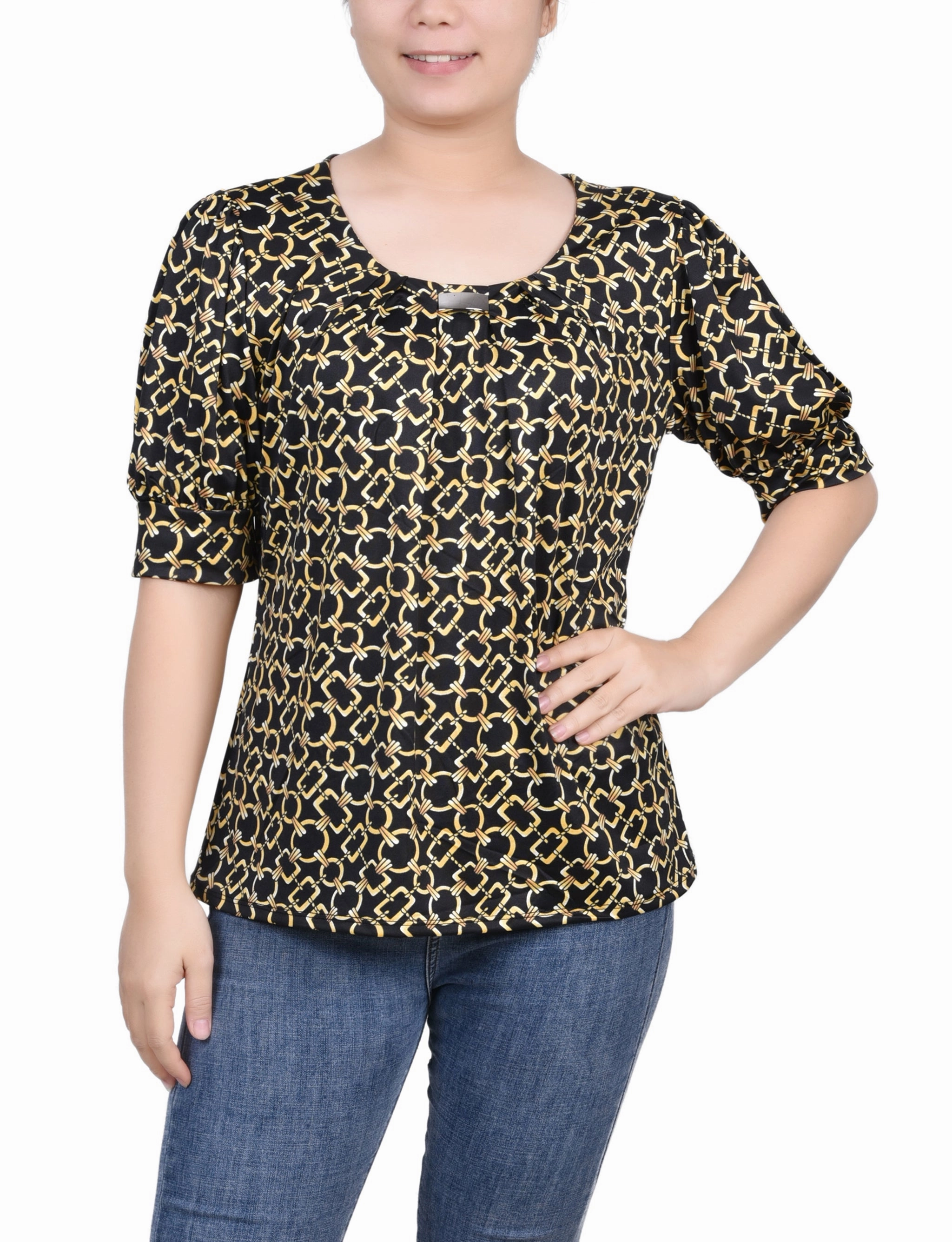 StretchableKnit TearResistantWeave Petite Short Sleeve Balloon Sleeve Top