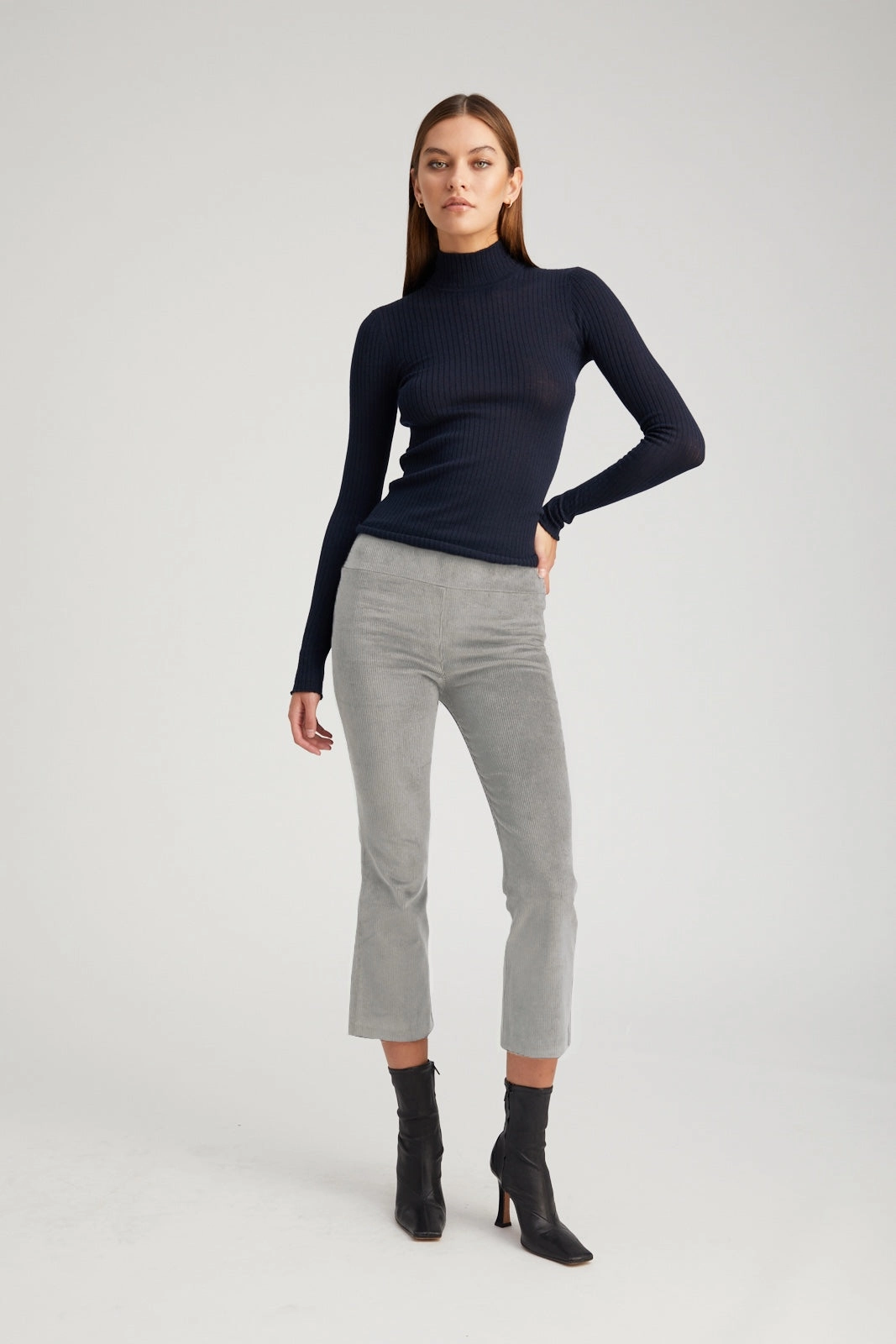 Grey Corduroy Crop Flare Pants Sporty Comfort Wear