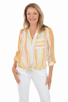 SnagResistant Silicone Print Detail Habanero Stripe Button-Front Blouse