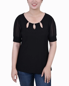 Quick Dry Performance SlubTexture Petite Short Sleeve Three-Ring Top