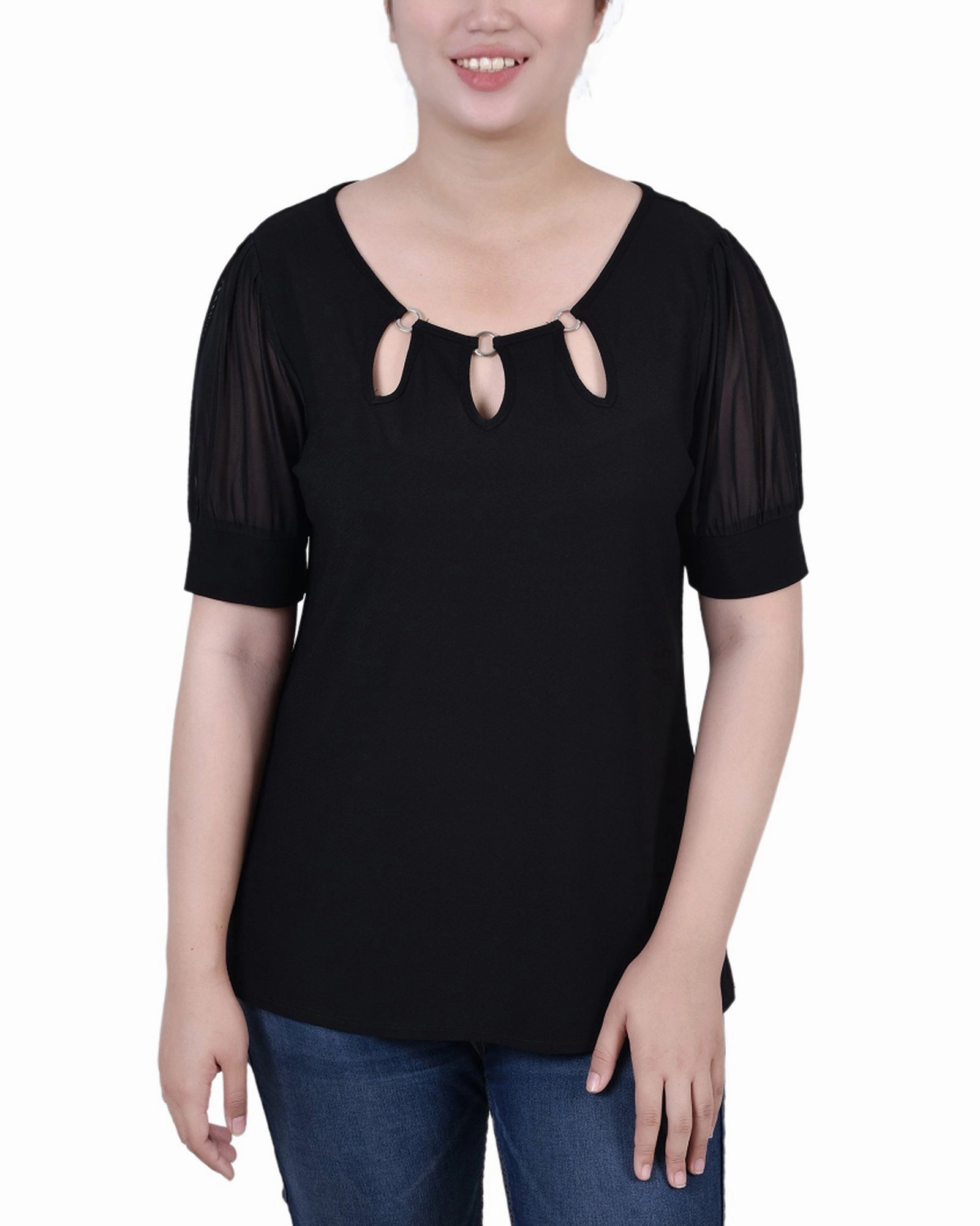 Petite Short Sleeve Three-Ring Top DoubleNeedle Stitching