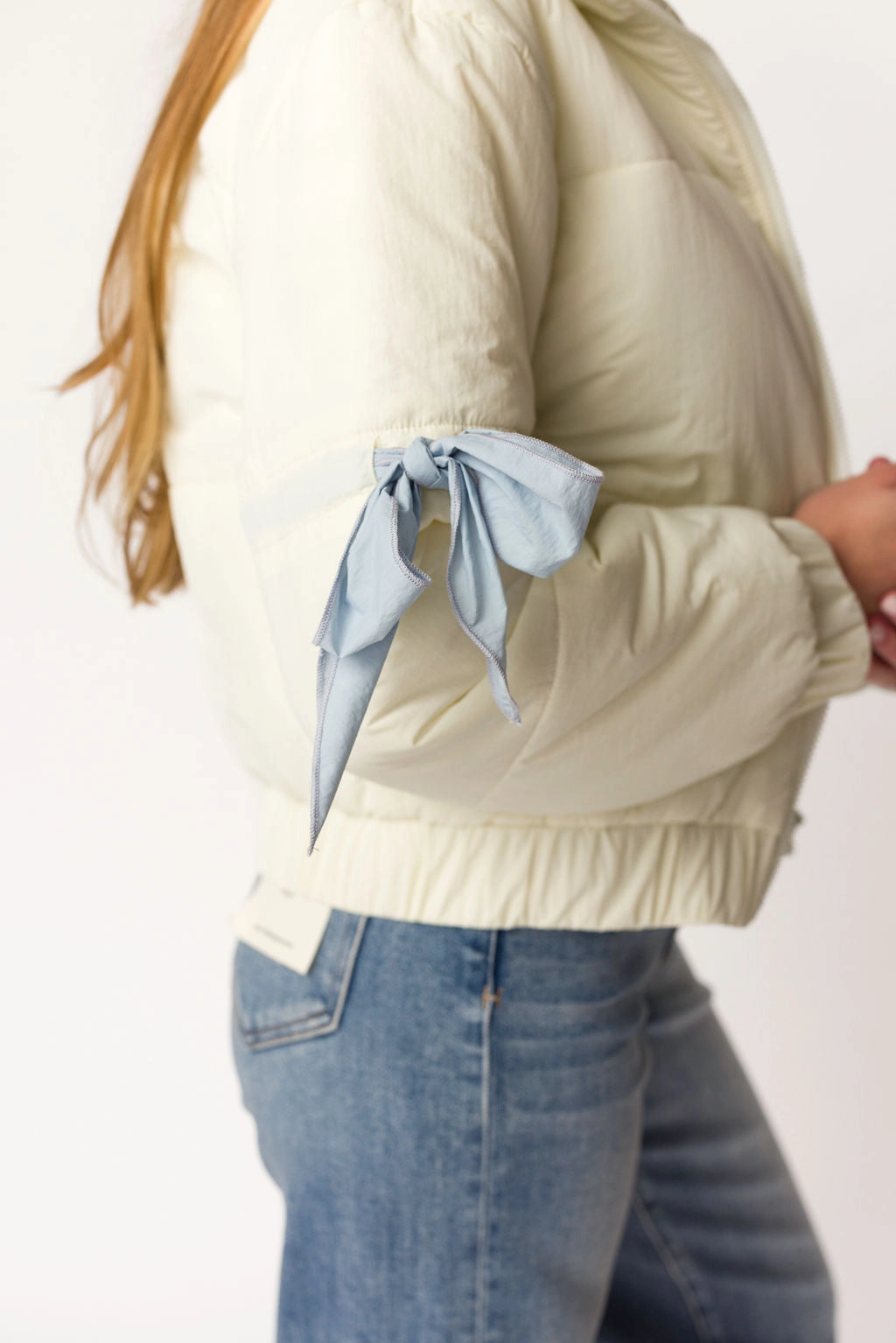 Andy Bow Cropped Puffer Jacket in Bone NonScratchyLining Oversized Silhouette