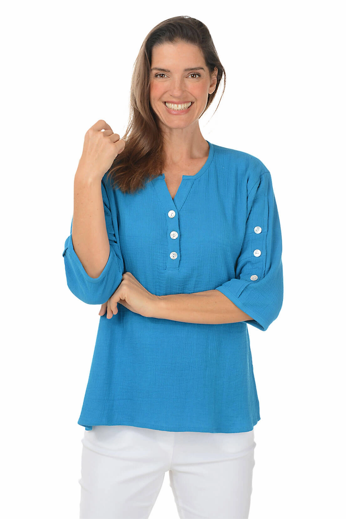 Shawn Pleated Button Sleeve Blouse Fitted Tank OdorControl