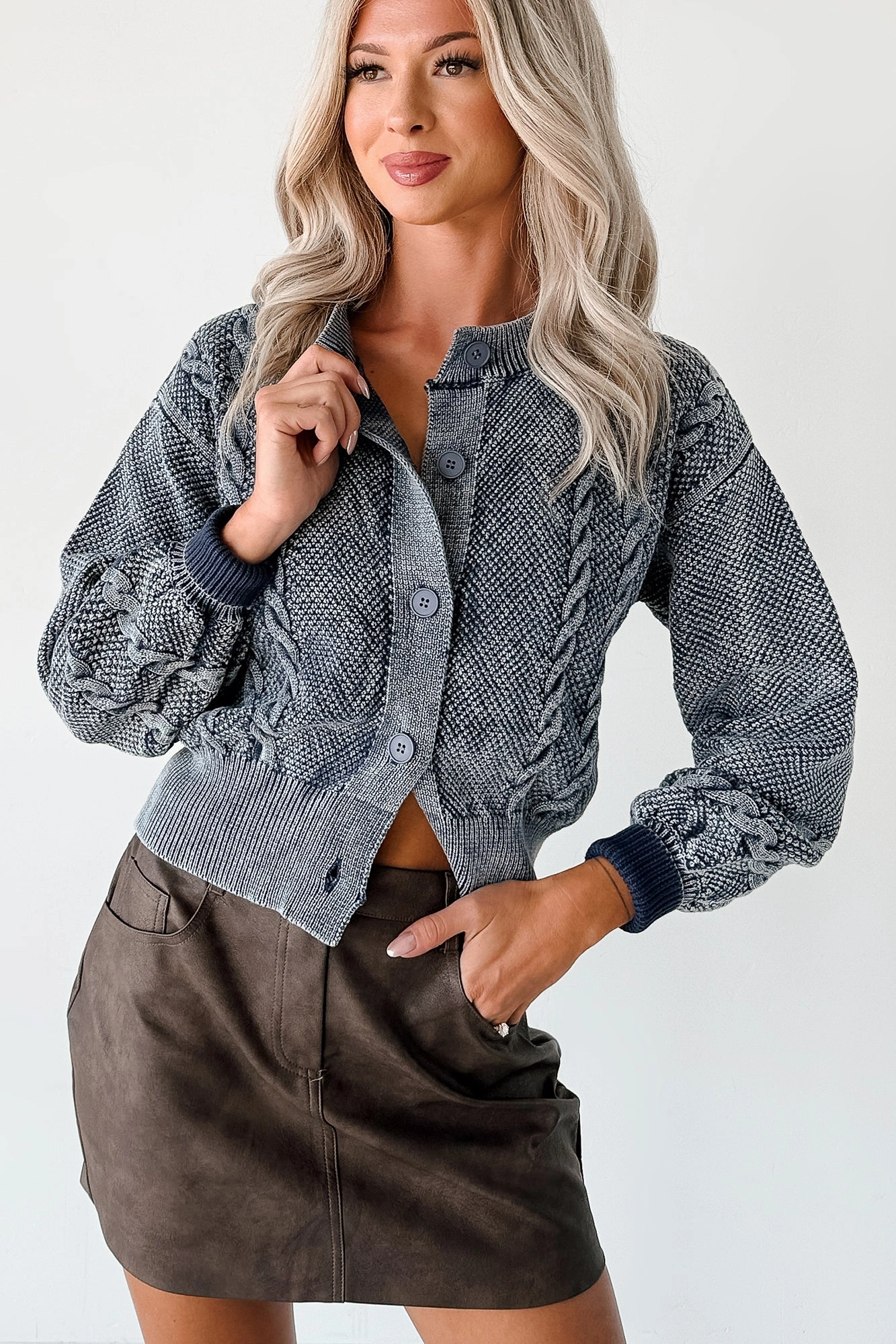 After The Rain Washed Cable Knit Cardigan (Denim Blue) Classic Polo Adjustable Fit System
