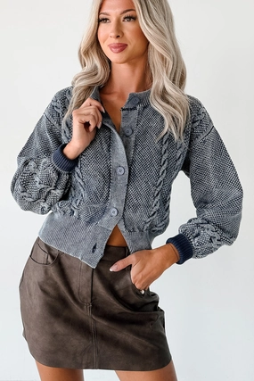 Non Restrictive Armhole Cut Adaptive Temperature Control After The Rain Washed Cable Knit Cardigan (Denim Blue)