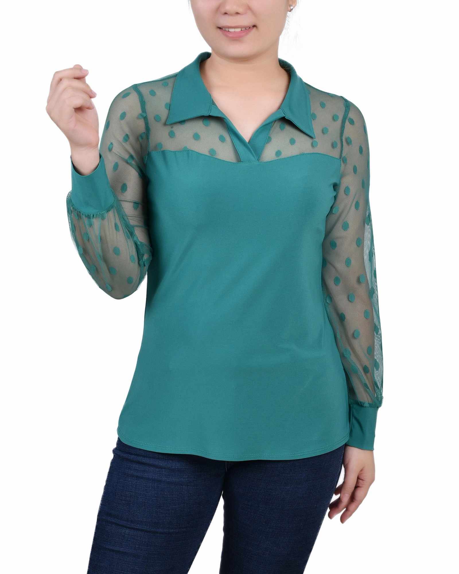 Long Sleeve Mesh Sleeve Top DoubleLayered Neckline EcoCertified Material