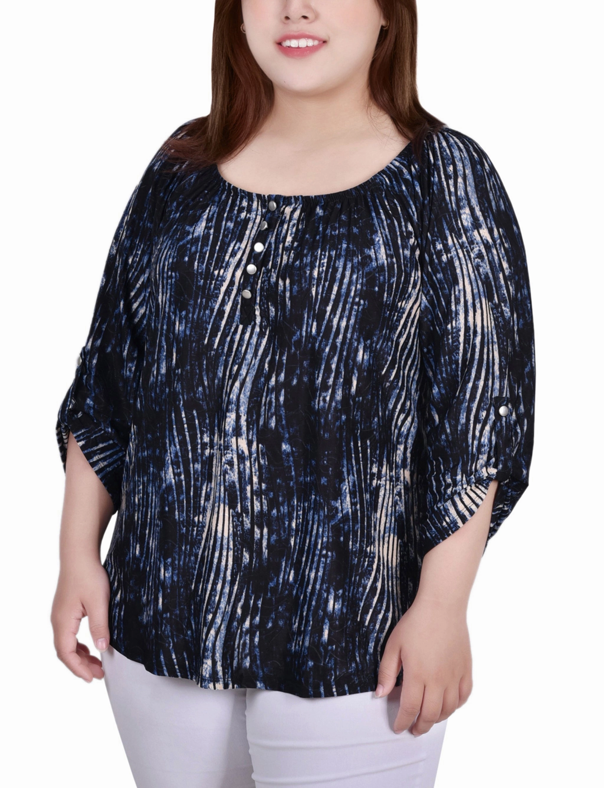 Plus Size 3/4 Push Tab Round Neck Top Curved Hem Design QuickRelease Closure