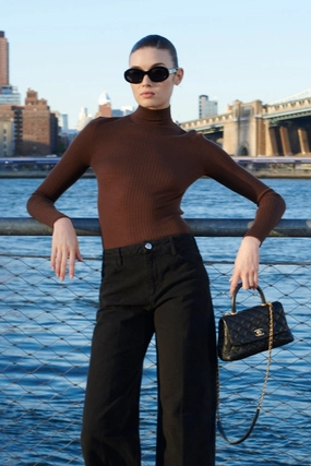Chocolate Cashmere Mock Neck EcoCertified Sandwich Mesh Panel Structure