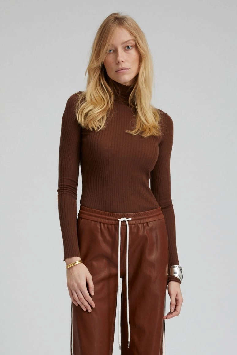 Chocolate Cashmere Mock Neck Hidden Zipper Pocket