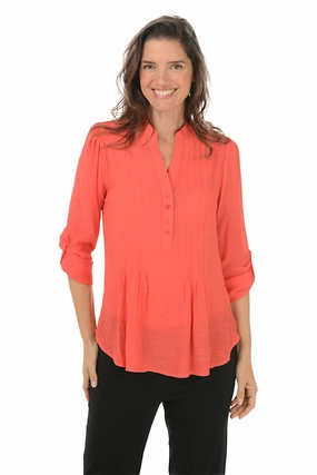 Petite Pleated Front Roll Sleeve Blouse Flex Fit Shoulder Construction EasyCare Material