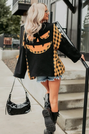 Ghostly Hour Jack-O-Lantern Face Top (Black) Overlock Edging Scoop Neck Shape