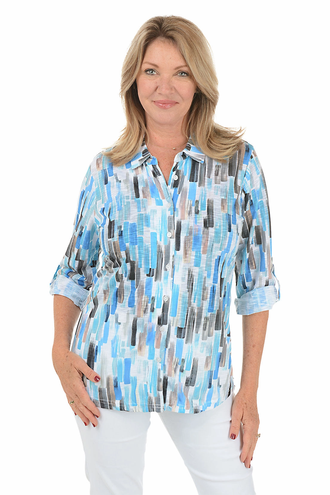 Professional Look RecycledPolyesterBlend Rain Streaked Roll-Tab Knit Shirt