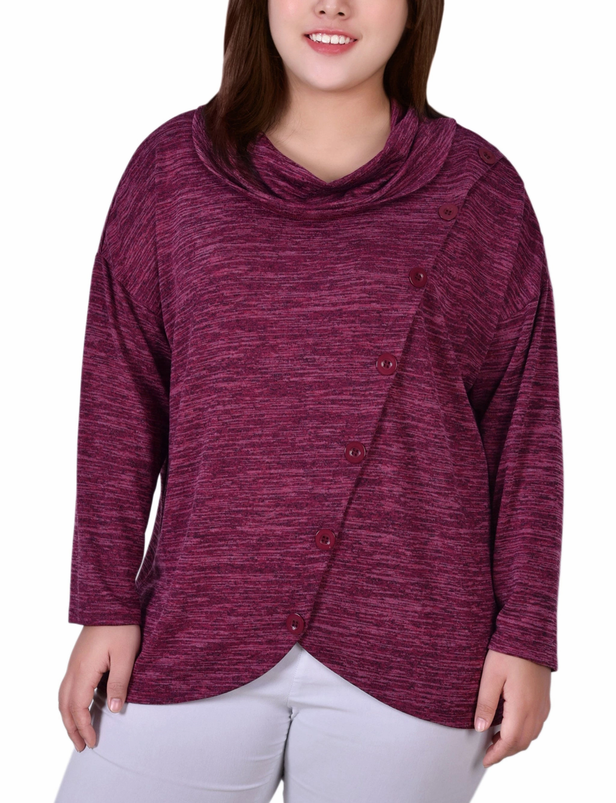 Plus Size Long Sleeve Cowl Neck Top With Button Detail ChafeFreeEdging AirflowVents