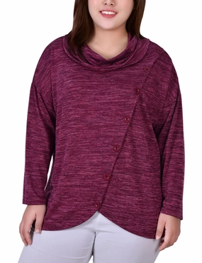 Self Fabric Tie Closure Stretchable Material Plus Size Long Sleeve Cowl Neck Top With Button Detail