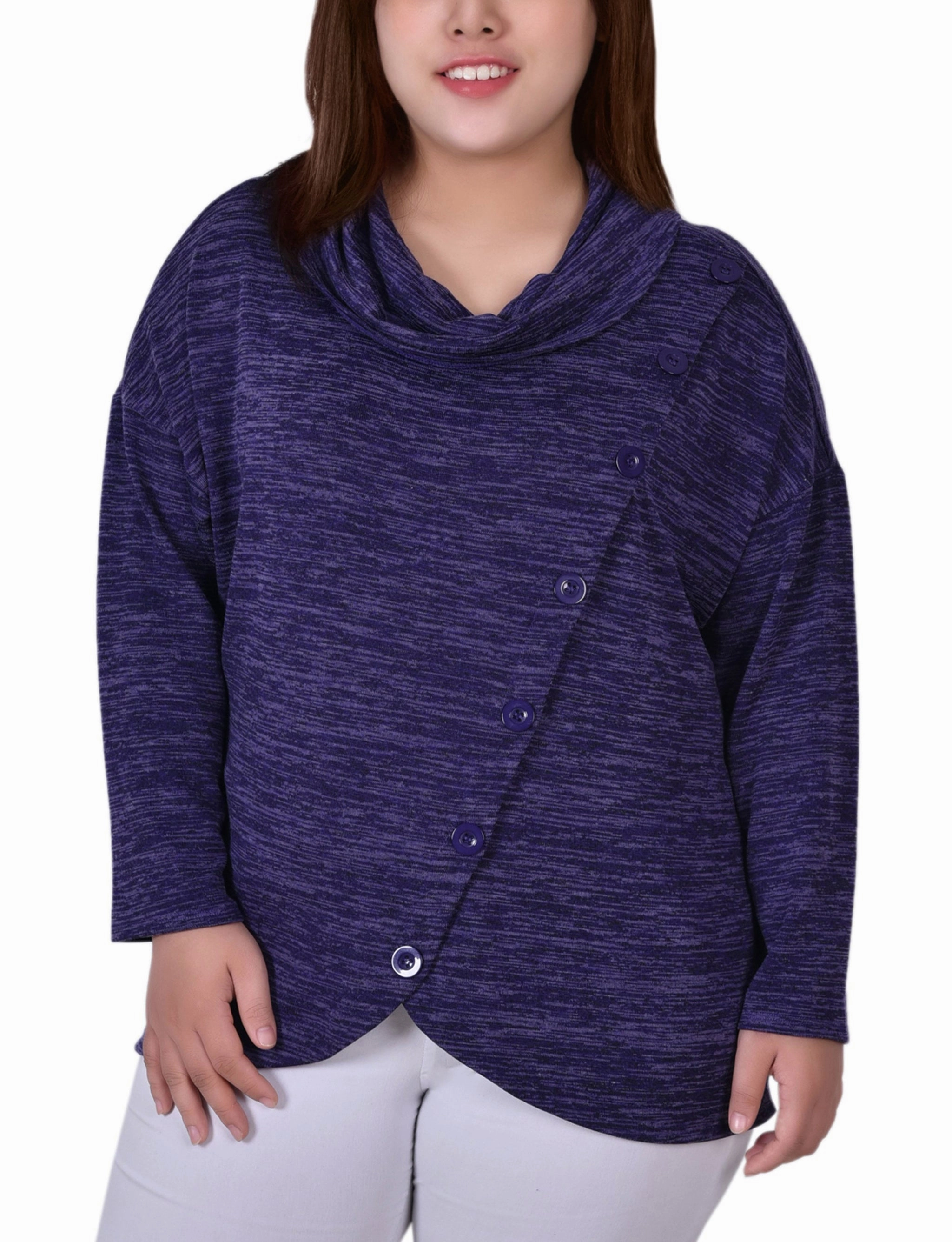 Plus Size Long Sleeve Cowl Neck Top With Button Detail UV Protective Coating Biodegradable Fiber Composition