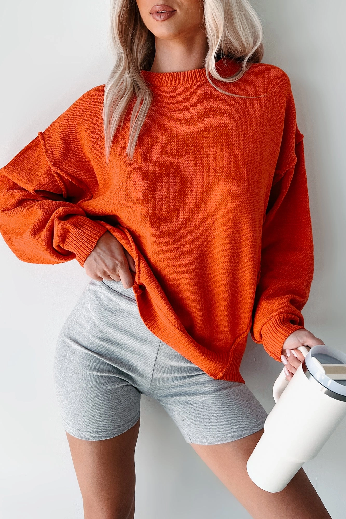 Favored For Fall Oversized Sweater (Coral Orange) Trendy Sweater StretchTechnology