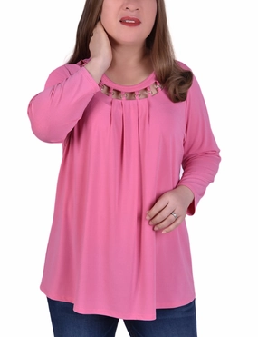 HiddenStoragePocket Reflective Safety Accents Plus Size 3/4 Sleeve Top With Cutout Ringed Neckline