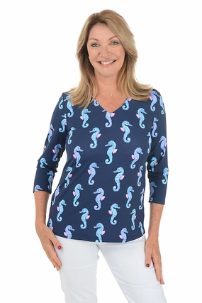 Navy Seahorses UPF50  V-Neck Top DroppedShoulder