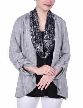Petite 3/4 Roll Sleeve 3Fer Top With Detachable Scarf Anti Pill Surface