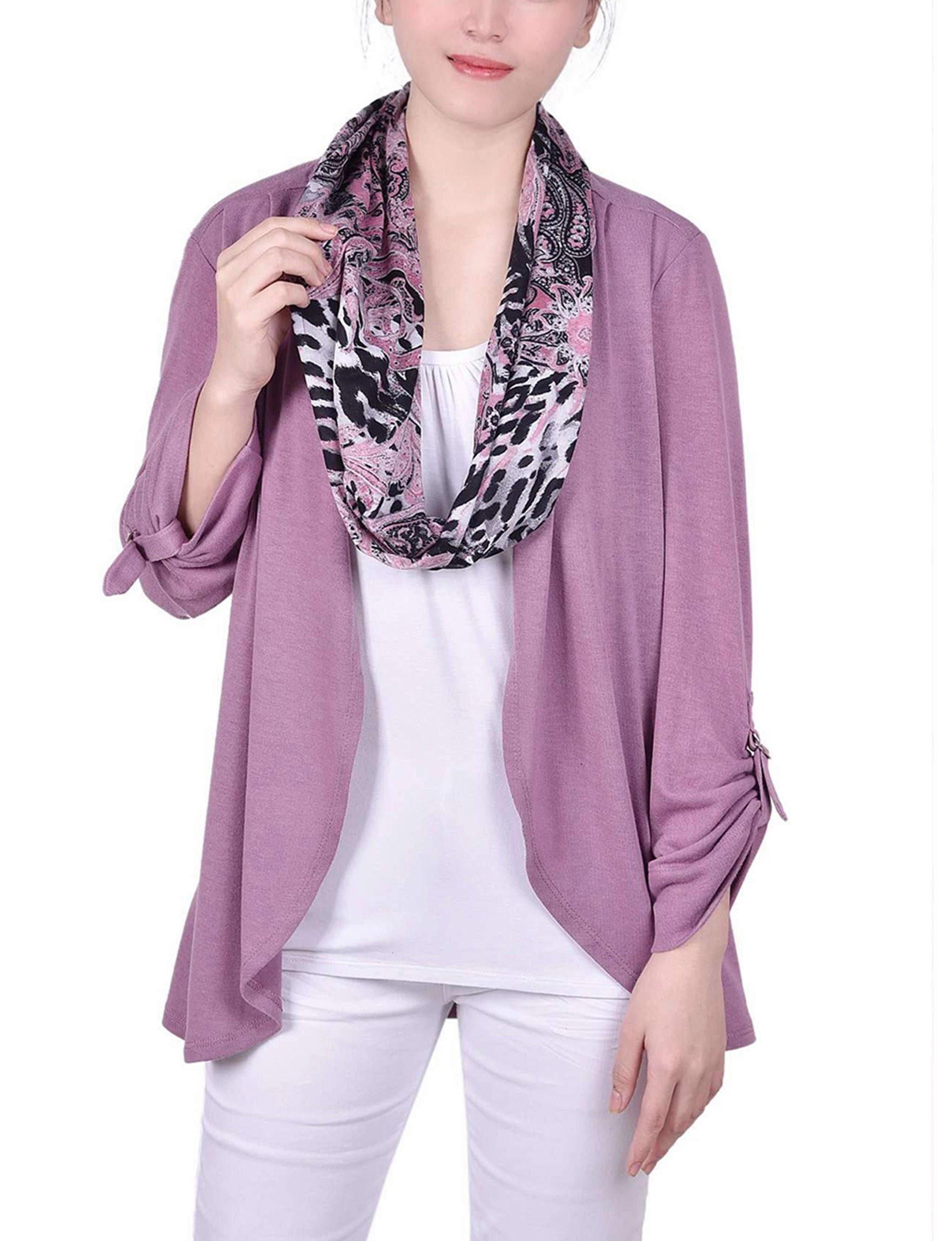 NonIrritating Seams SlipResistant Petite 3/4 Roll Sleeve 3Fer Top With Detachable Scarf