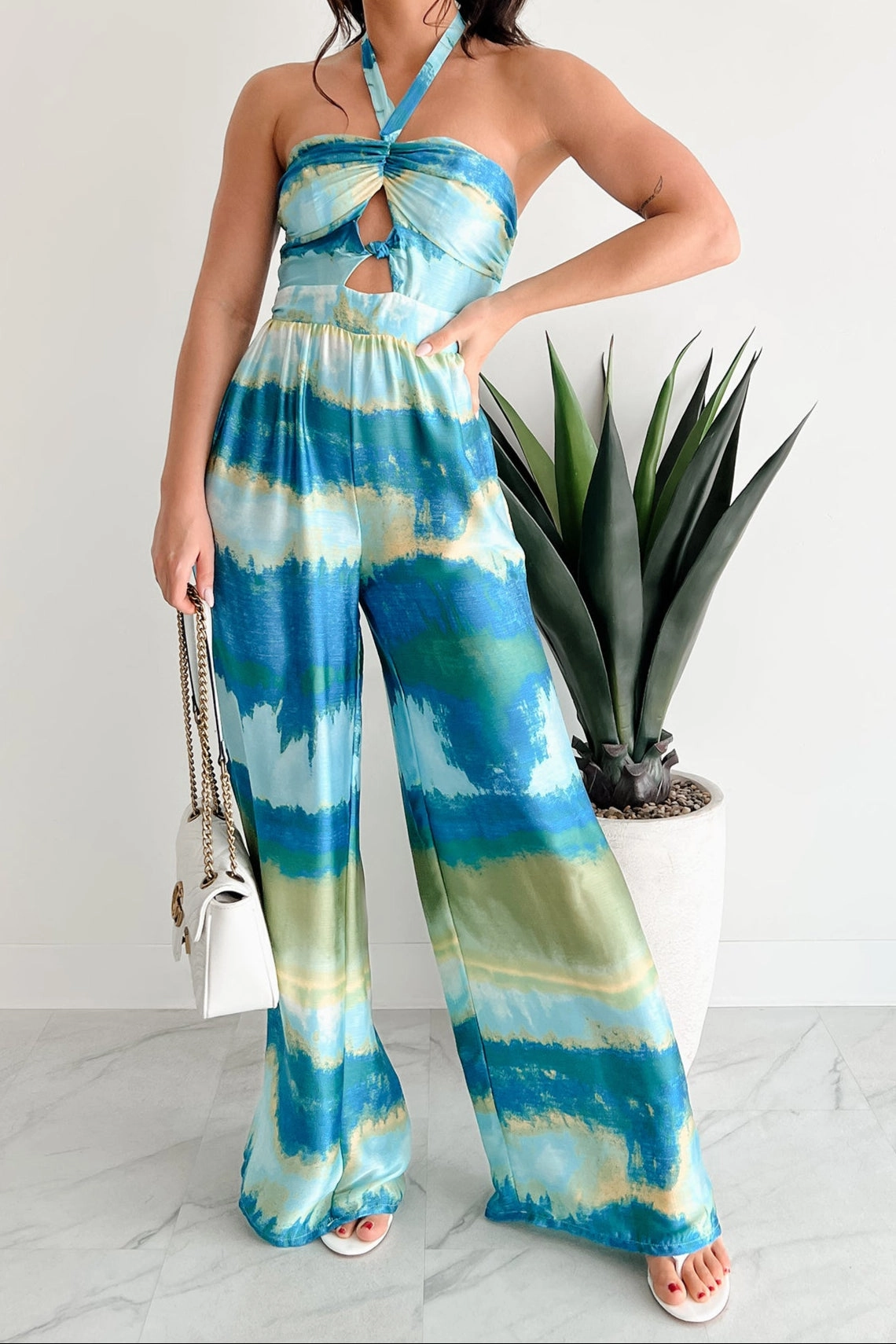 Sunshine & Seaside Halter Wide Leg Jumpsuit (Blue) Garment Washed