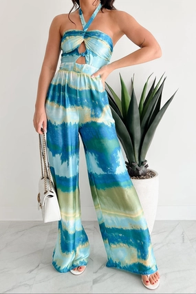 Sunshine & Seaside Halter Wide Leg Jumpsuit (Blue) Garment Washed