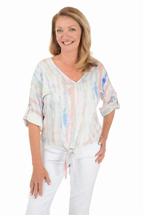 Reinforced Neckline Detail Watercolor Tie-Front Blouse
