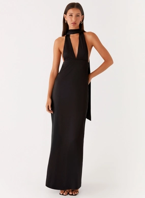 Classic Layer Matte-finish Alicia Satin Halter Maxi Dress - Black