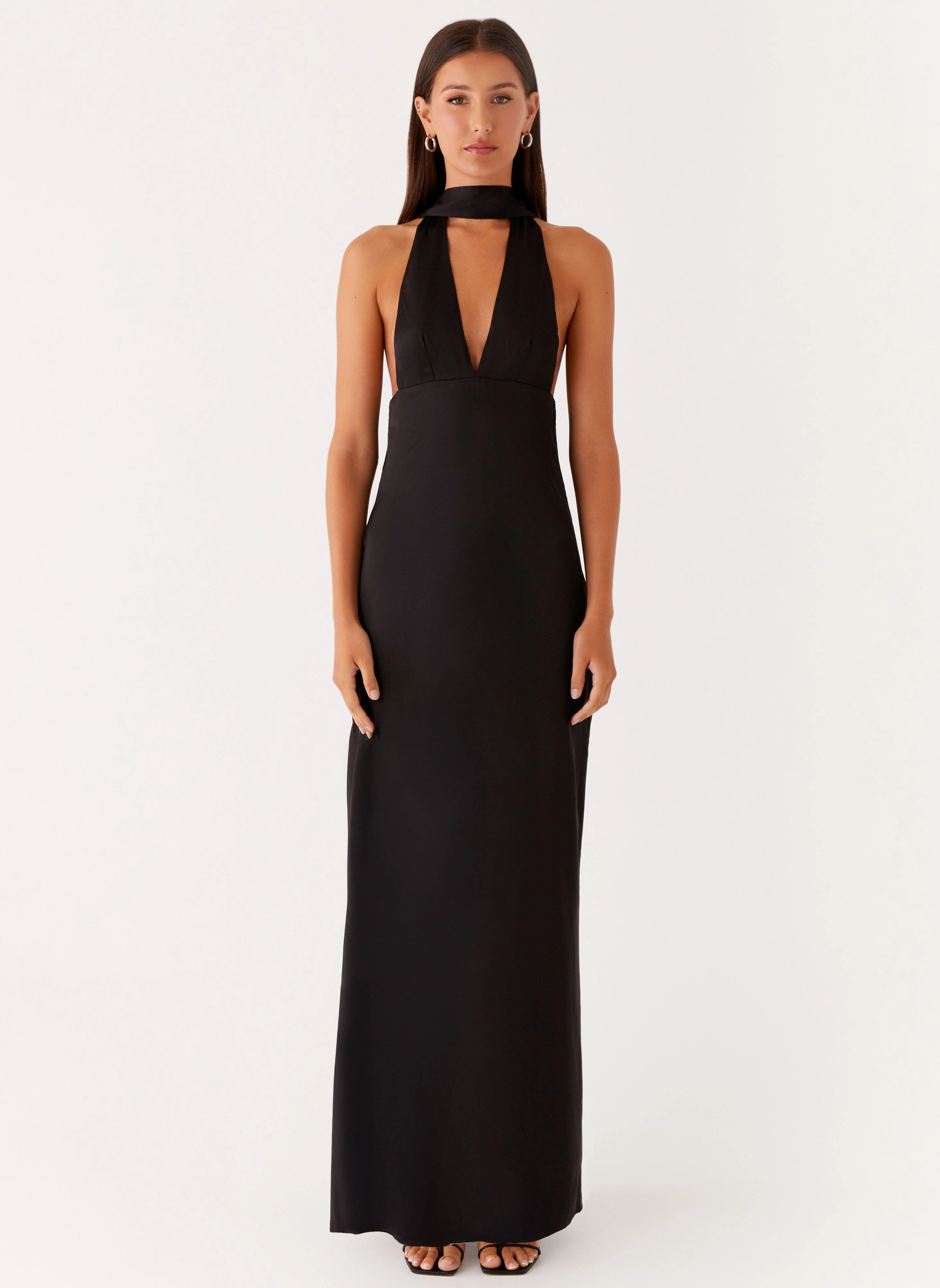 Soft Volume Tailored Elegance Alicia Satin Halter Maxi Dress - Black