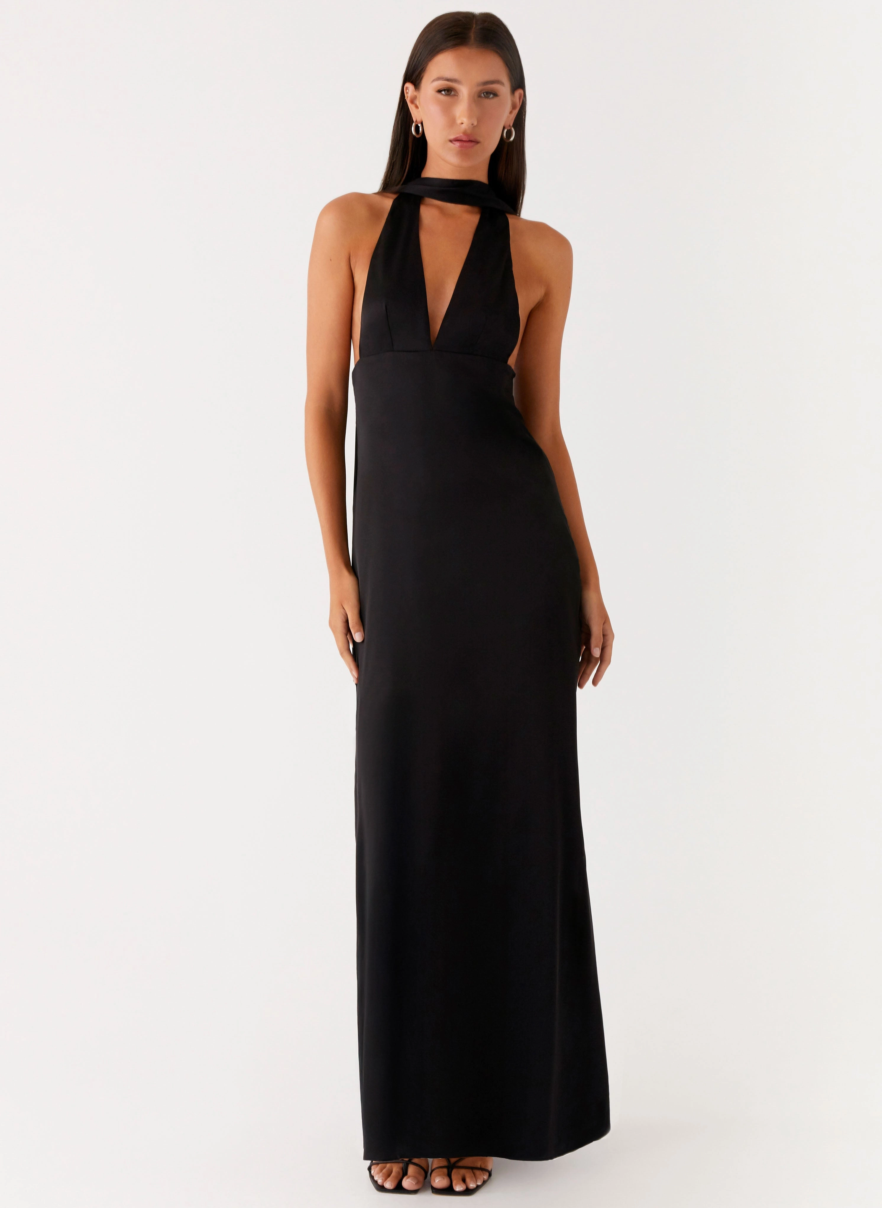 Alicia Satin Halter Maxi Dress - Black Aura Glow