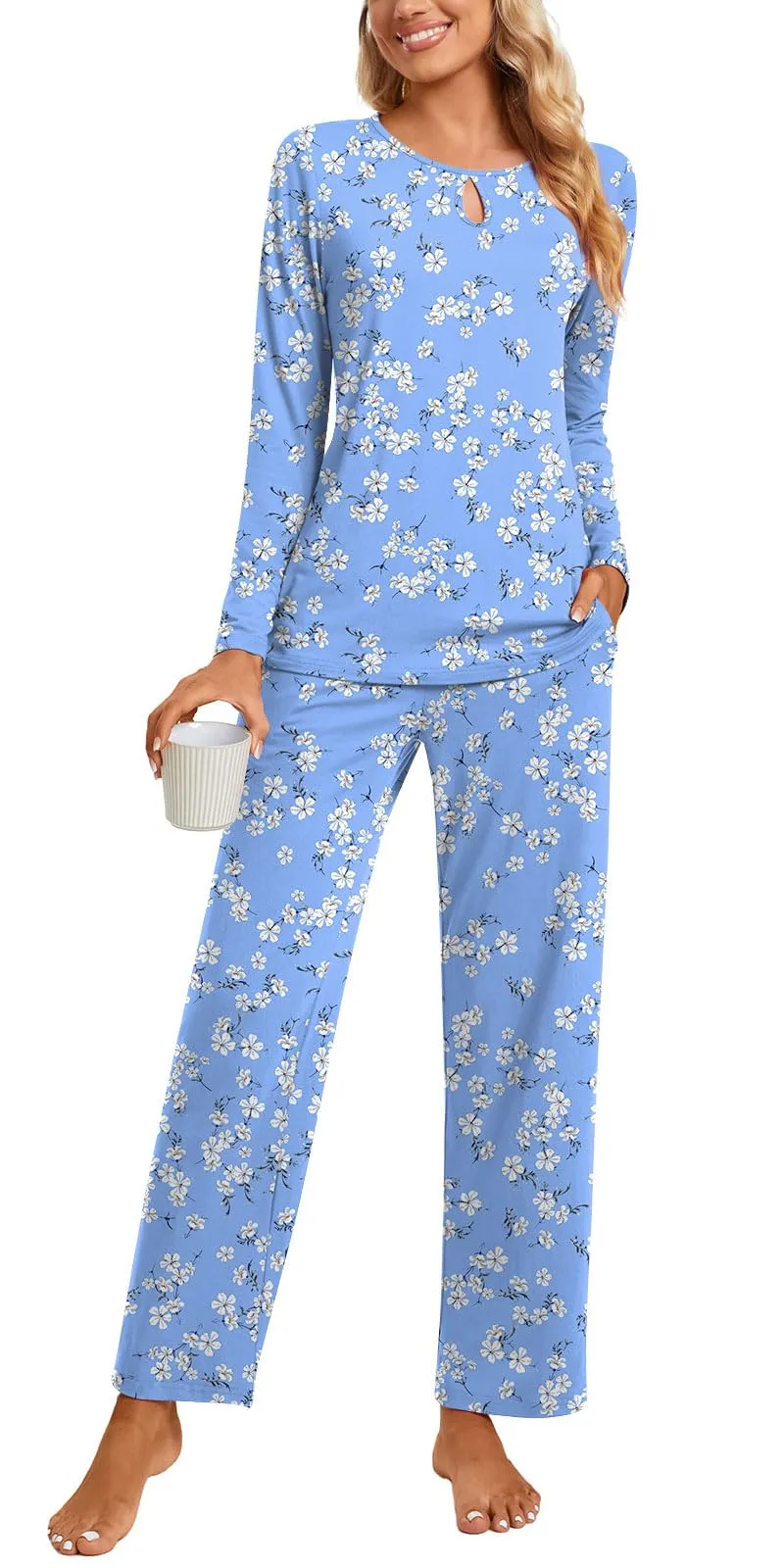 Aodemo Women's Fall 2 Piece Pajama Sets, Long Sleeve Keyhole Lounge Sleepwear Ladies Pjs Sets with Pockets 3XL, Blue White Flower
