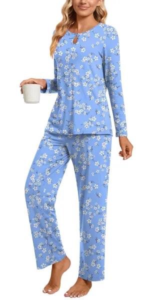 Aodemo Women's Fall 2 Piece Pajama Sets, Long Sleeve Keyhole Lounge Sleepwear Ladies Pjs Sets with Pockets 3XL, Blue White Flower