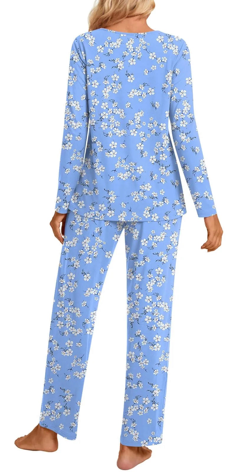 Aodemo Women's Fall 2 Piece Pajama Sets, Long Sleeve Keyhole Lounge Sleepwear Ladies Pjs Sets with Pockets 3XL, Blue White Flower