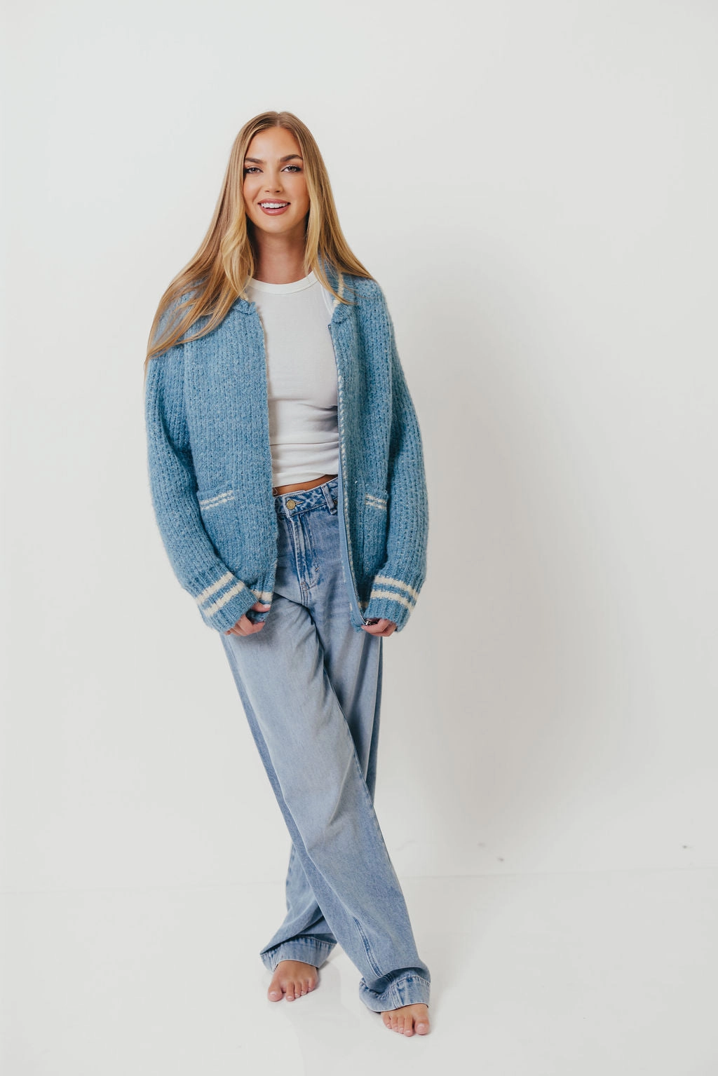 Apres Zip-Up Sweater in French Blue MultiFunctional Pocket Placement