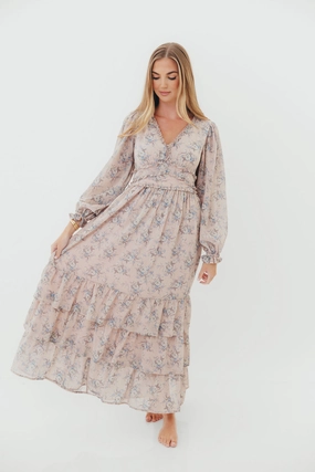 Shenae Ruffled Tiered Floral Maxi Dress in Dusty Pink Maximalist-Trend