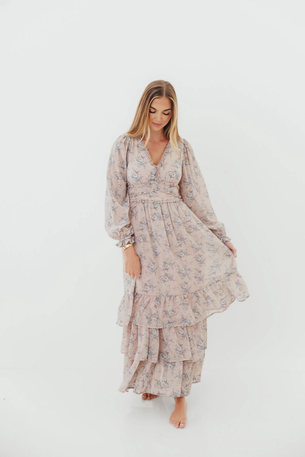 Shenae Ruffled Tiered Floral Maxi Dress in Dusty Pink Clean Mood Mid Season