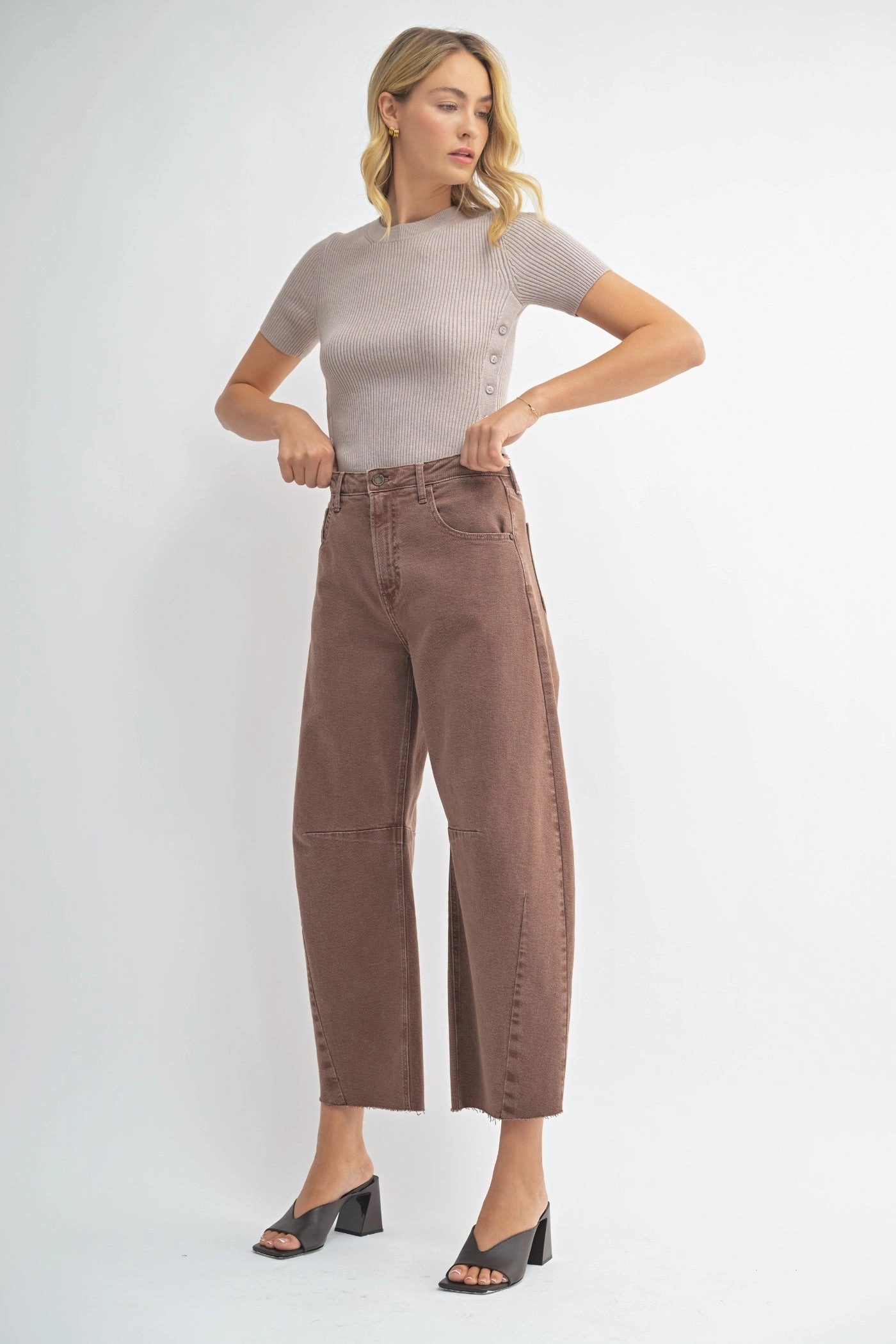 Evening Stroll Stretch Breathable No Gap Waistband ARIANA ESPRESSO BARREL JEANS