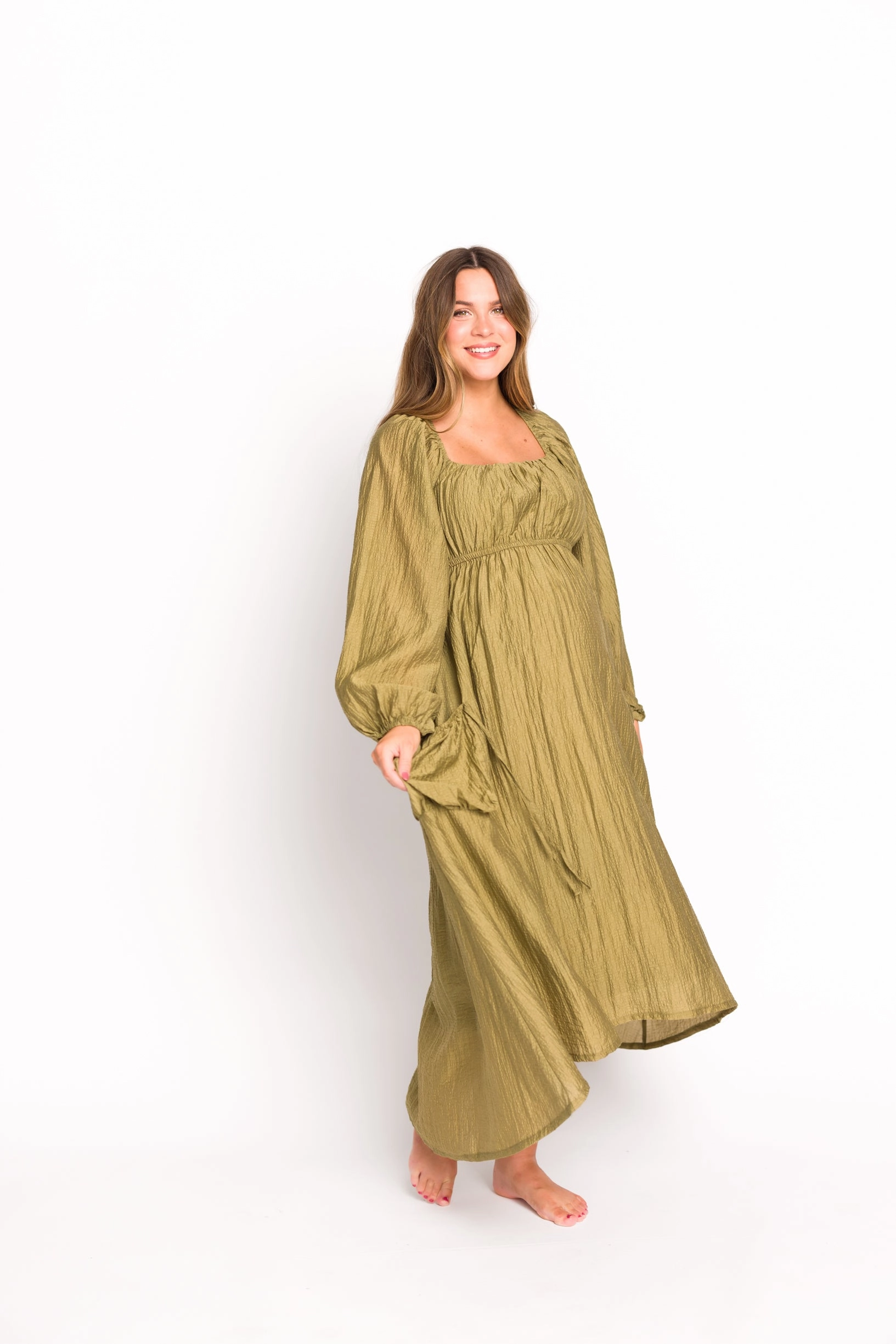 Ariana Long Sleeved Maxi Dress with Slouchy Pocket in Olive *Final-Sale* Mix-And-Match Trendy Layering