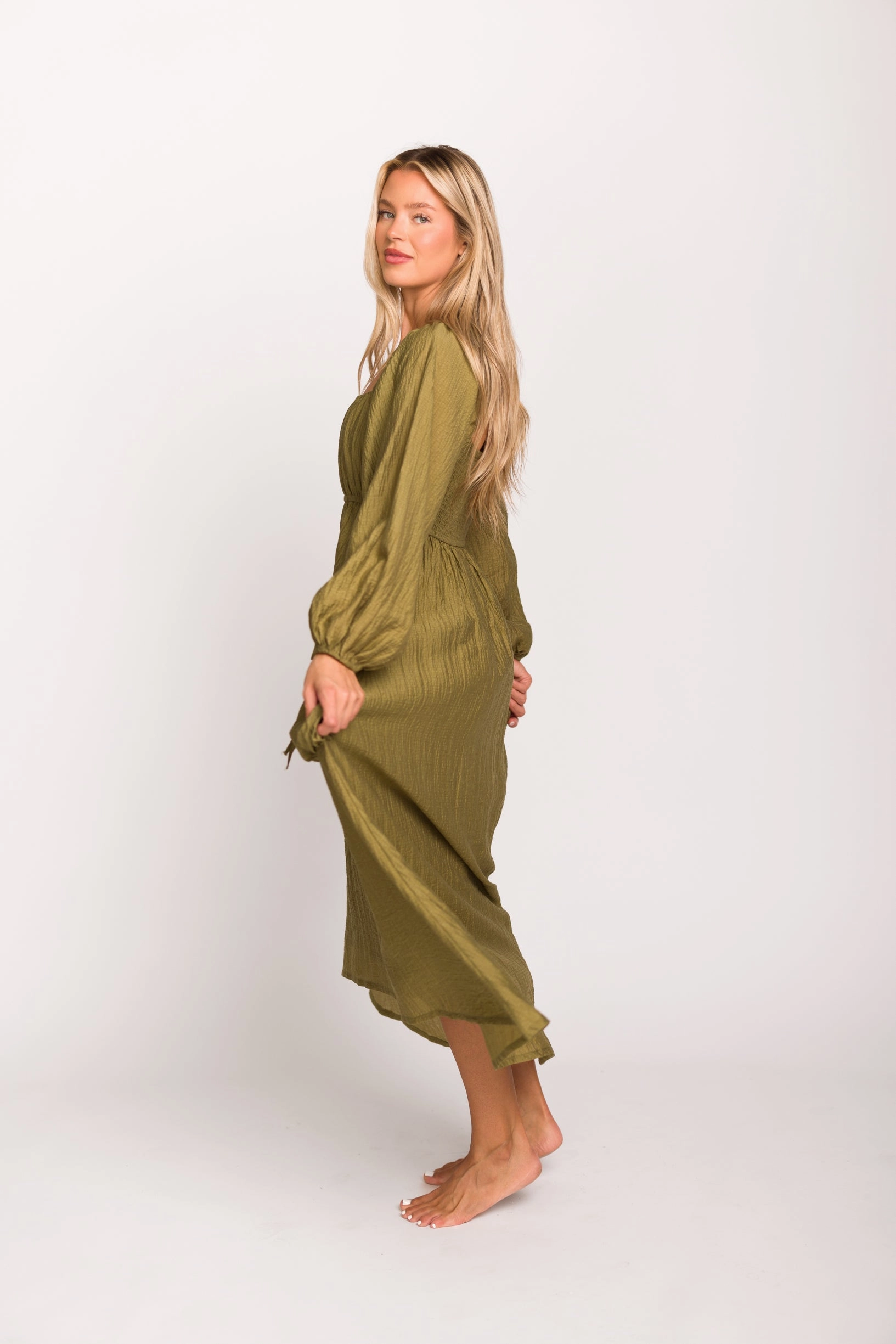 Ariana Long Sleeved Maxi Dress with Slouchy Pocket in Olive *Final-Sale* Satin Layers