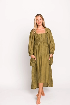 Ariana Long Sleeved Maxi Dress with Slouchy Pocket in Olive *Final-Sale* flattering appearance All-Season Comfort