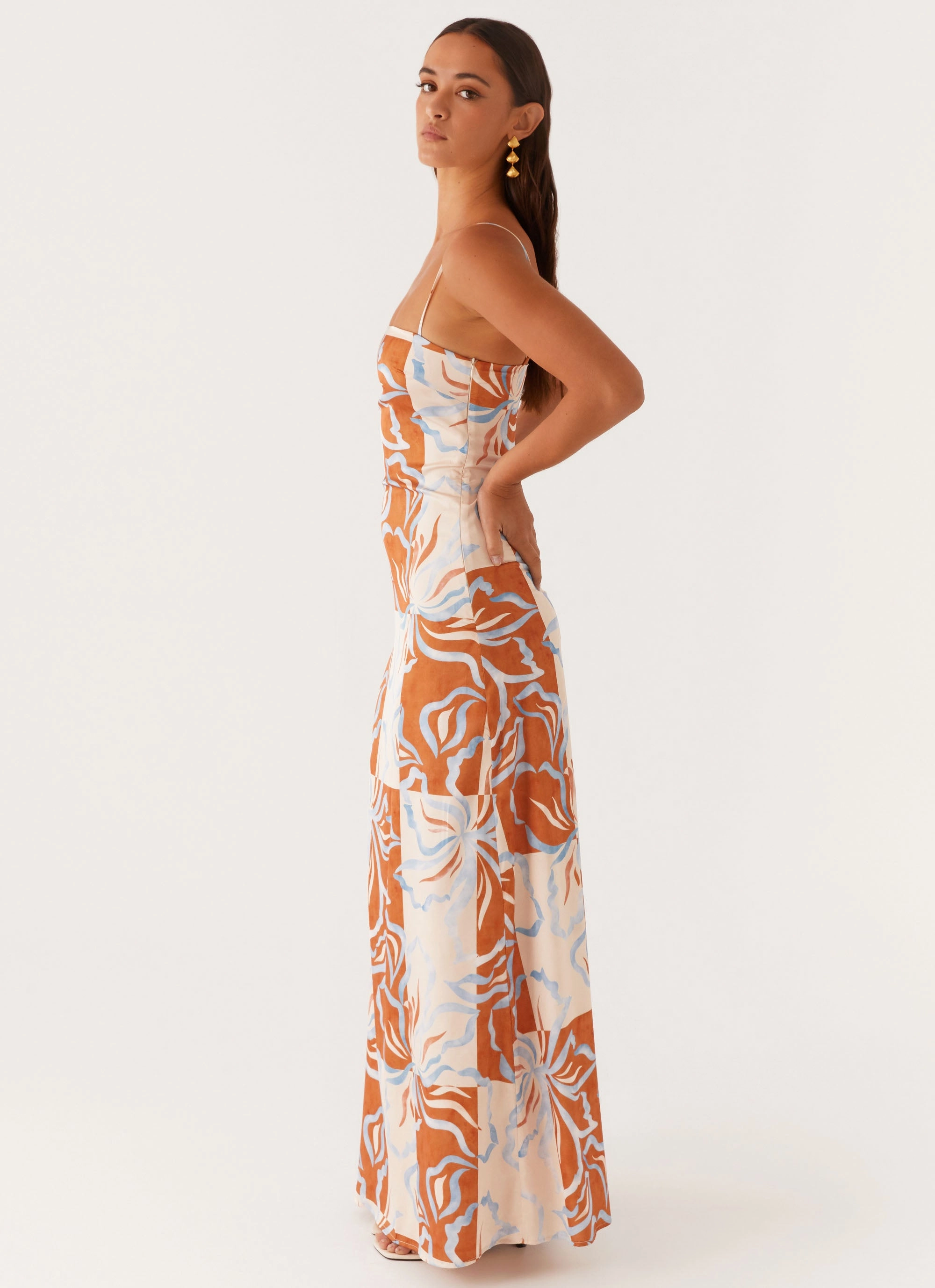Aster Bloom Maxi Dress - Orange Blue Floral Stylish party wear Flawless Waist Fit