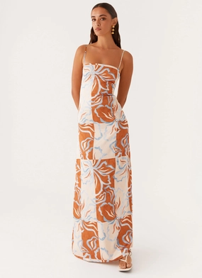 Soul Warm Aster Bloom Maxi Dress - Orange Blue Floral