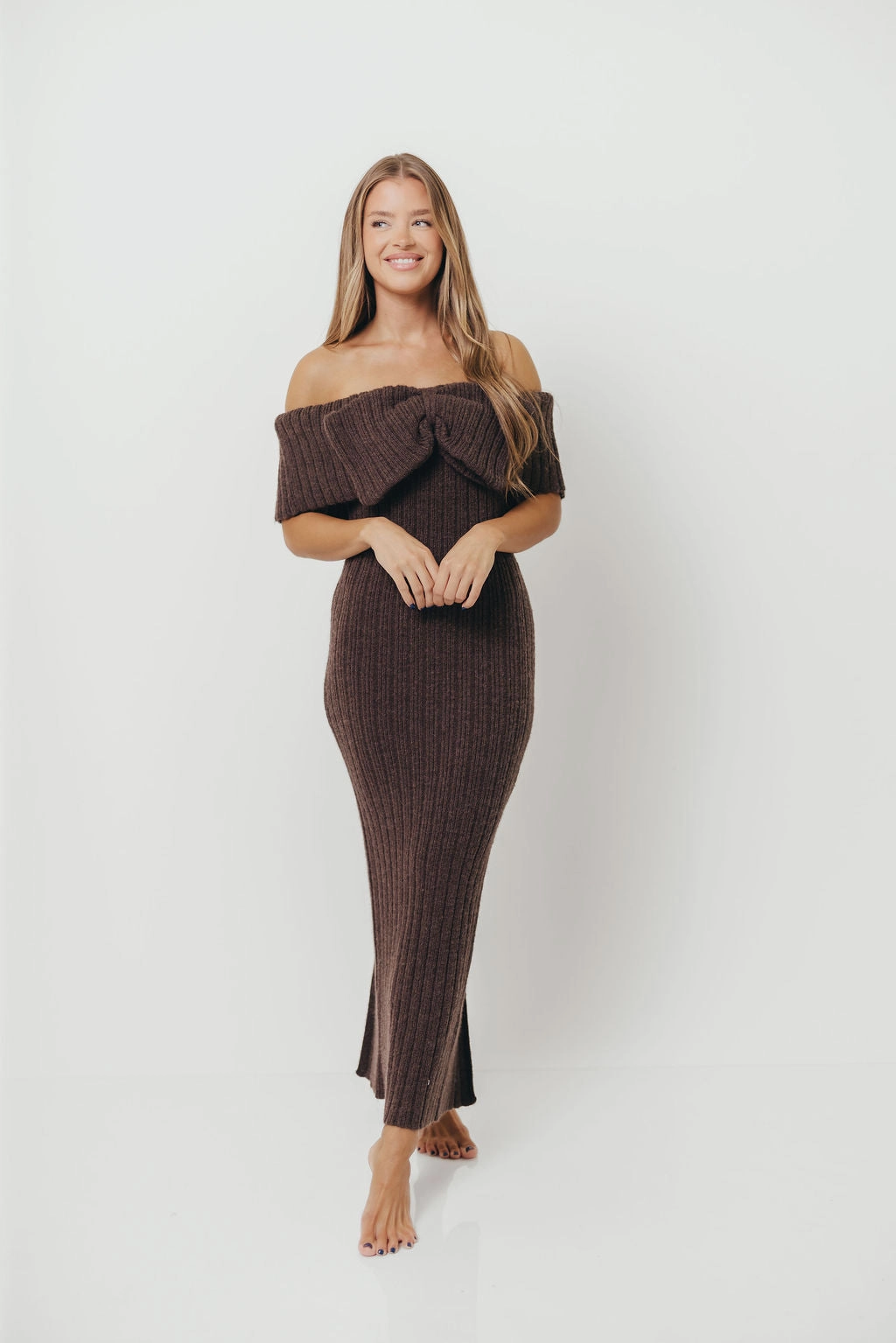 Airy Fabric Live Soft Aston Bow Front Maxi Sweater Dress in Charcoal Brown - Bump Friendly *10/2 PRE-ORDER*